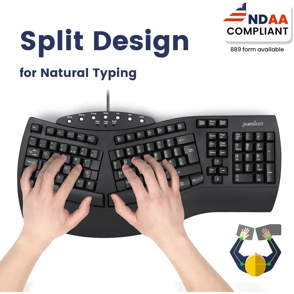 Perixx Periboard-512 Wired Ergonomic Split Keyboard Palm Rest Multimedia Keys‎